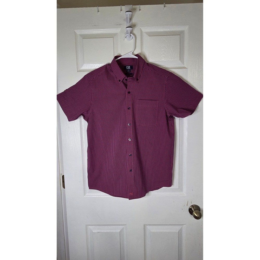 Cutter & Buck Mens Medium Stretch Gingham Short Sleeve Button Down Burgundy